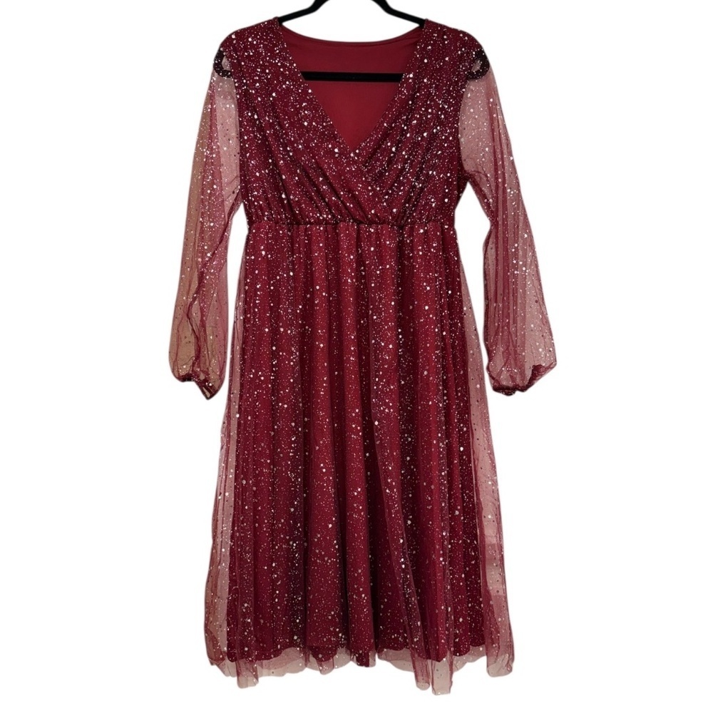 Women’s Shiny Mesh Lantern Sleeve Dress - Picture 9 of 13